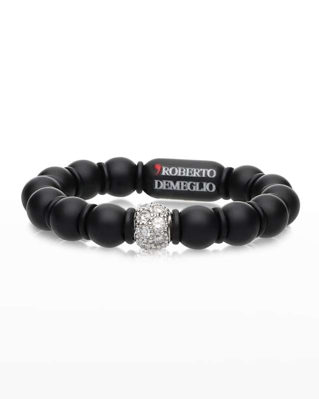 White Gold and Black Ceramic Sfera Stretch Ring with One Diamond Bead